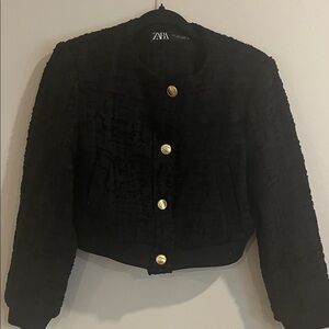 ZARA Black Textured Cropped Jacket with Gold Buttons